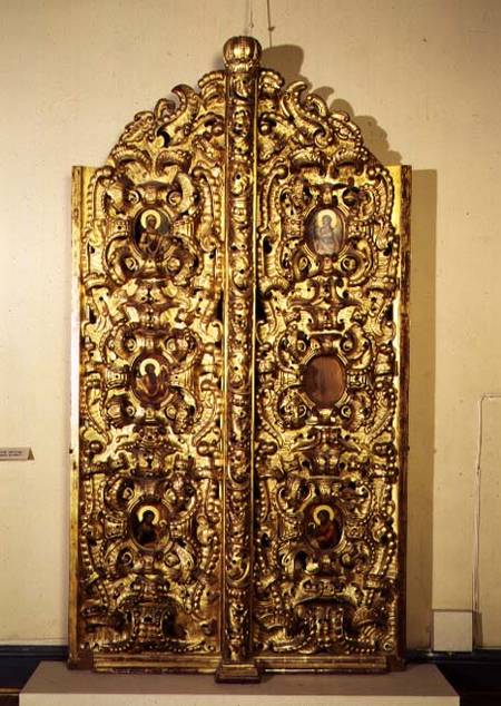 Royal Gates, double-folding altar doors on an iconostasis, decorated with small painted icons, Russi a Anonimo
