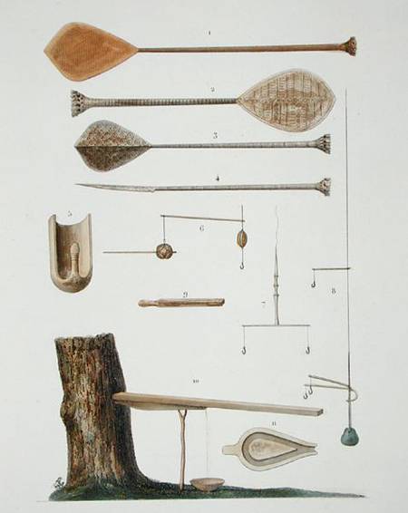 Society Islands: pangas, fishing hooks and other tools, from 'Voyage autour du Monde, executee par O a Antoine Chazal