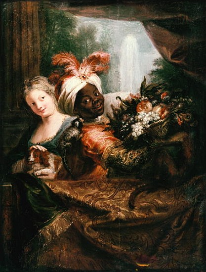 Young Black Man Holding a Basket of Fruit and a Young Girl Stroking a Dog a Antoine Coypel