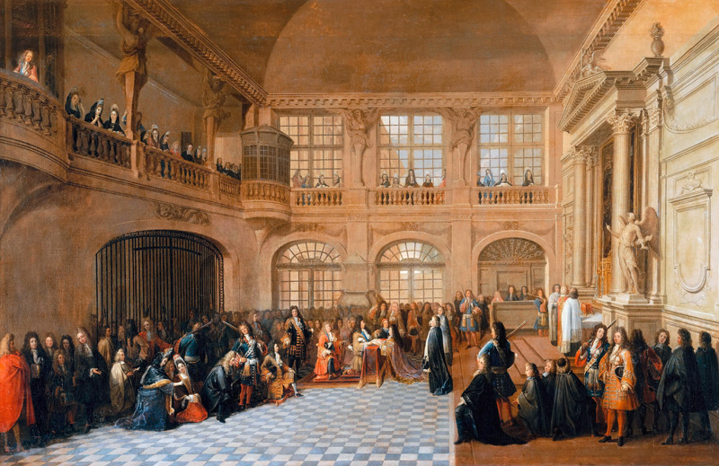 Louis XIV receiving the oath of the Marquis De Dangeau, Grand Master of the Order of Saint Lazare in a Antoine Pezey