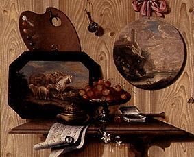 Trompe l ' Oeil: Bowl with cherries, tin, sheet of music, pallet and two pictures a Antonio Mara