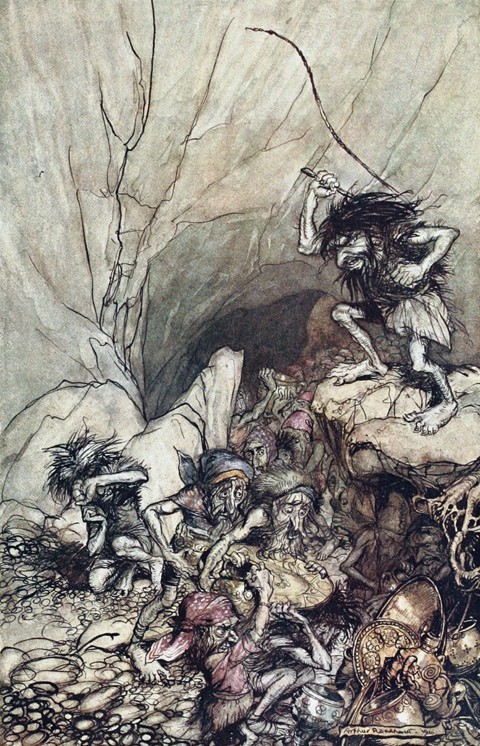 Alberich drives in a band of Niblungs laden with gold and silver treasure. Illustration for "The Rhi a Arthur Rackham