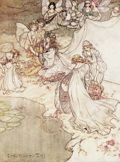 Illustration for a Fairy Tale, Fairy Queen Covering a Child with Blossom a Arthur Rackham