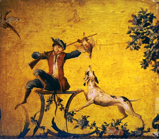 Monkey hunter and hunting dog (painted wood) a (attr. to) Christophe Huet