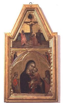 Madonna and Child with St. John the Baptist and St. Catherine, with Crucifixion scene above a Barnaba da Modena