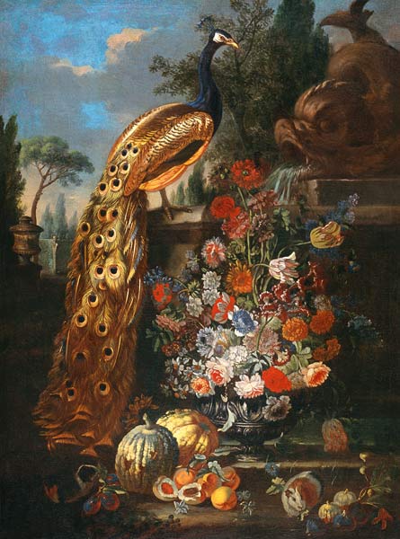 Quiet life with flowers, fruits, Meerschwinchen and peacock. a Bartolomeo Ligozzi