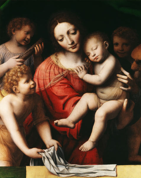 The sleeping Jesus, or Madonna holding the sleeping Child, accompanied by three angels a Bernardino Luini