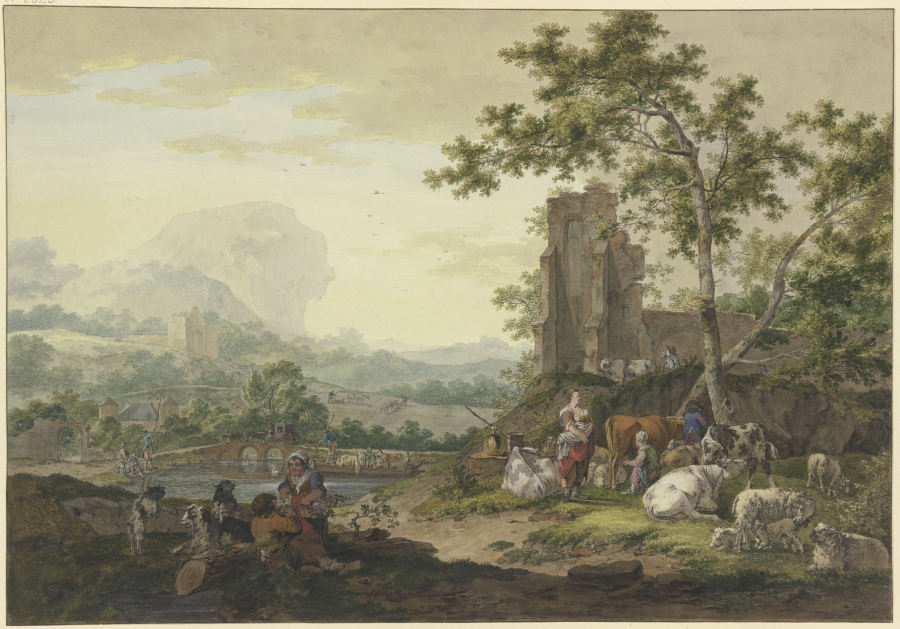 Landschaft, rechts eine Ruine, dabei eine Gruppe von Vieh mit Hirten, eine Frau melkt eine Kuh, der  a Bernhard Heinrich Thier