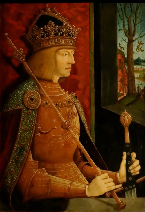 Emperor Maximilian I (1459-1519), with crown, sceptre, and sword a Bernhard Strigel