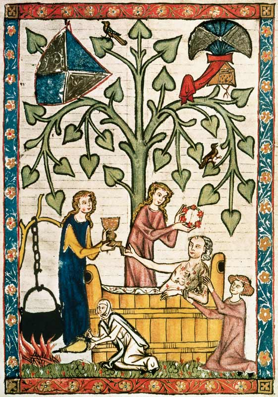 Jakob von Warte im Badezuber, von Damen umsorgt a Buchmalerei