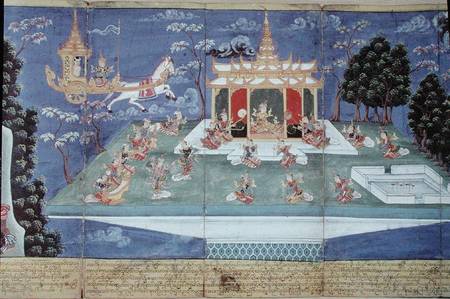 Ma 565 King Nimi in his divine chariot sent by Indra and led by the angel Matali, visits the skies a a Burmese School
