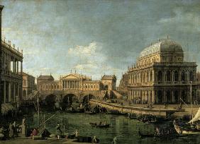 Capriccio con il Ponte di Rialto a Venezia su progetto di Andrea Palladio e la Basilica a V