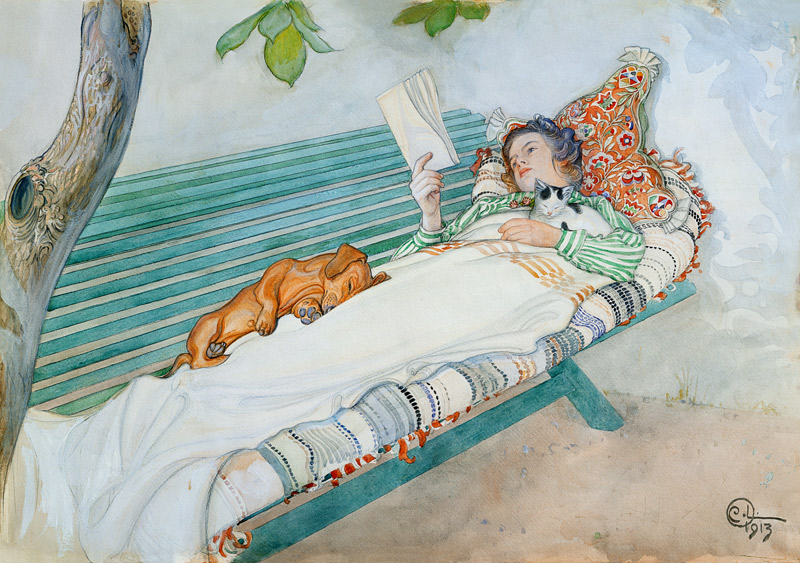 Woman Lying on a Bench a Carl Larsson