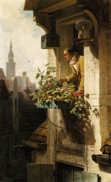 Mann beim Gießen des Blumenkastens. a Carl Spitzweg