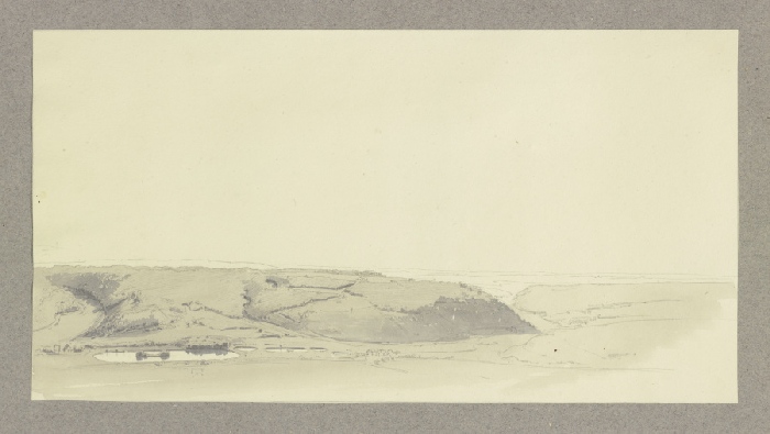 Landschaft mit langem Bergrücken, an seinem Fuß eine Reihe von Teichen a Carl Theodor Reiffenstein