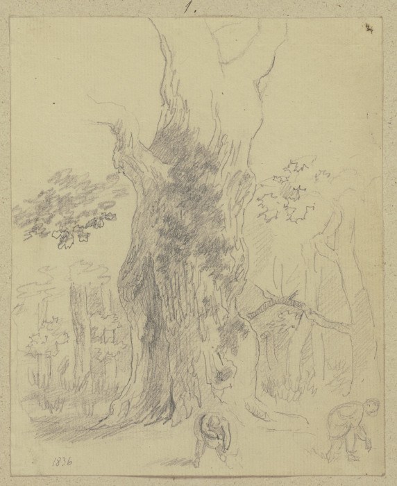 Zwei Personen, vor großem Baum Waldfrüchte auflesend a Carl Theodor Reiffenstein