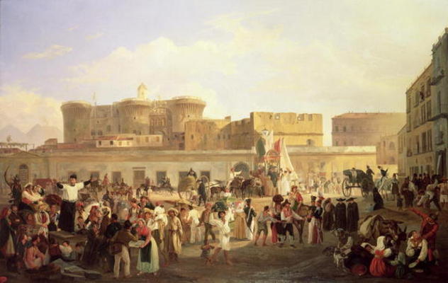 Neapolitan Folk Life at the Largo di Castello, c.1850 (oil on canvas) a Carl Wilhelm Götzloff