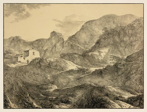 Gebirgslandschaft, links ein Haus mit einem Wanderer davor a Carl Friedrich von Rumohr