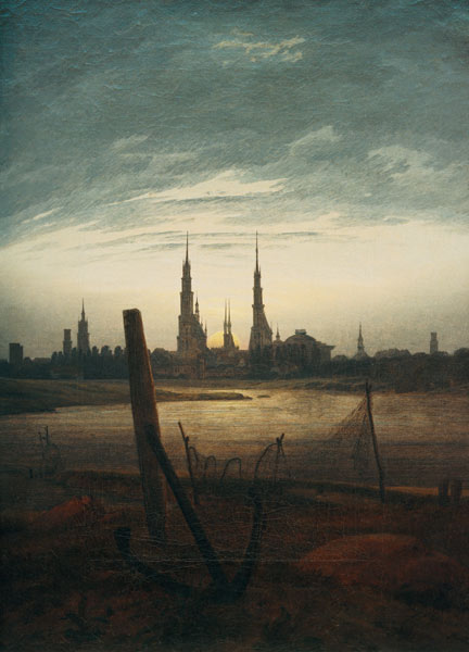 Town at moonrise a Caspar David Friedrich