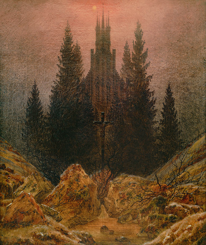 Croce e cattedrale nella montagna a Caspar David Friedrich
