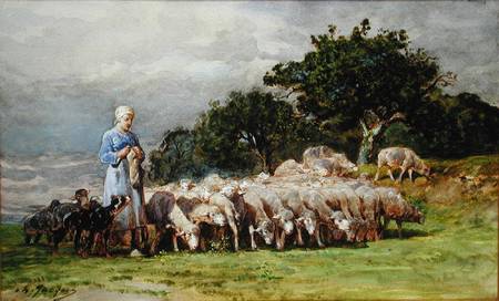 A Shepherdess with a Flock of Sheep a Charles Emile Jacques