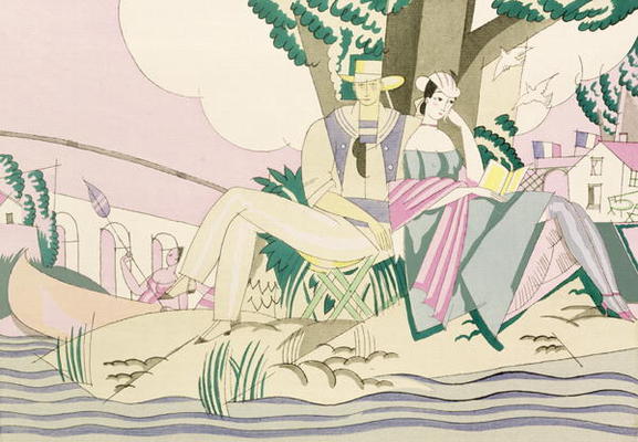 Picnic and Fishing Scene, c.1920 (stencil on paper) a Charles Martin