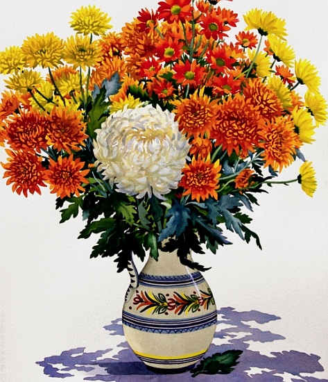 Chrysanthemums in a patterned jug a Christopher  Ryland