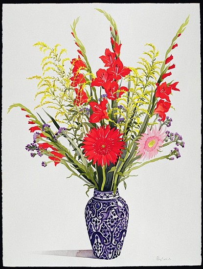 Tiger Lilies, Gladioli and Scabious in a Blue Moroccan Vase (w/c)  a Christopher  Ryland