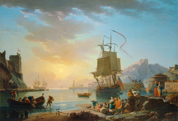 Marine, soleil couchant-Seaside painting with setting sun a Claude Joseph Vernet