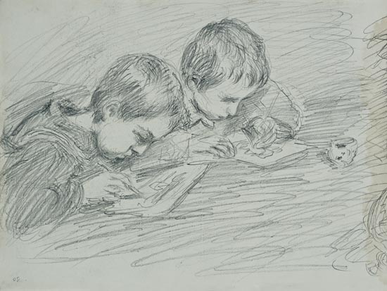 Jean-Pierre Hoschede (1877-1961) and Michel Monet (1878-1966) drawing a Claude Monet