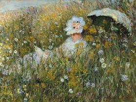 Donna con parasole in giardino - olio su tela di Pierre-Auguste Renoir come  stampa d\'arte o dipinto.
