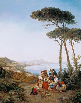 Gruppo di italiani sulla baia di Napoli