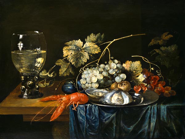 Quiet life with lobster, roman, mussels and fruits a Cornelis de Bryer