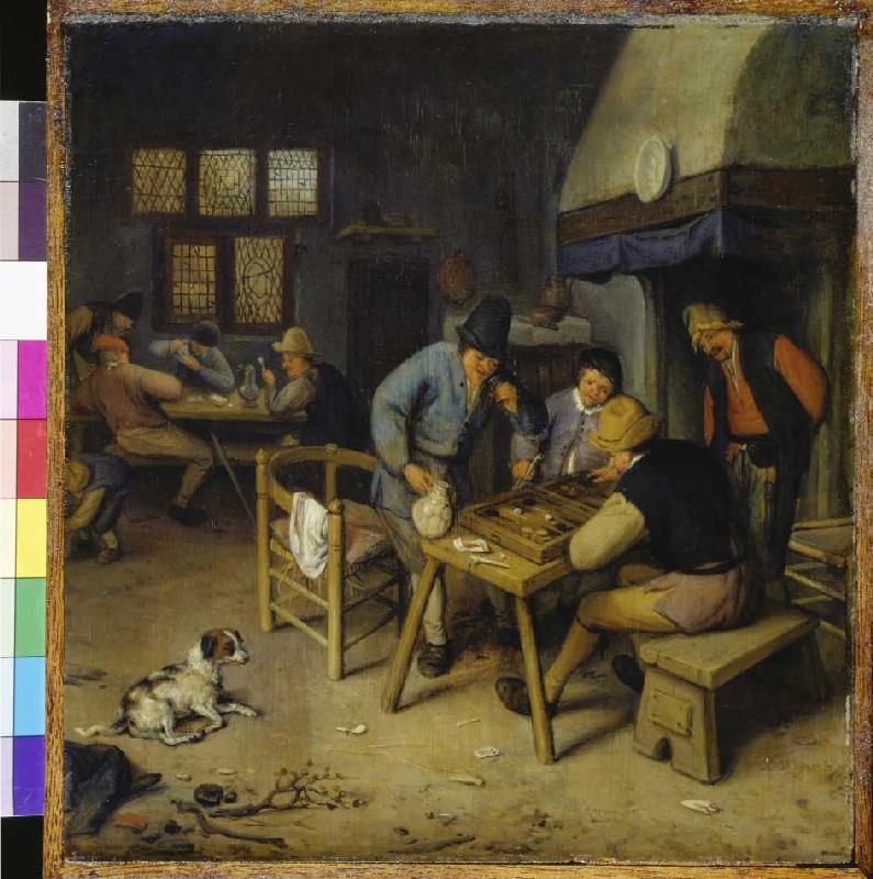 Wirtshausinterieur mit Tricktrack und Karten spielenden Bauern a Cornelis Dusart