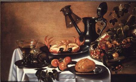 Still life of fruit with crab, overturned roehmer on spout of jug a Cornelis Kruys