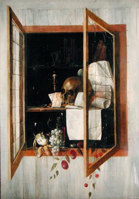 Vanitas still life seen through a trompe l'oeil window a Cornelis Norbertus Gysbrechts