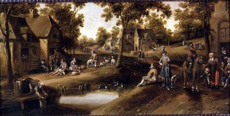 A Village Scene with Peasants on Banks of a Stream a Cornelius Droochsloot