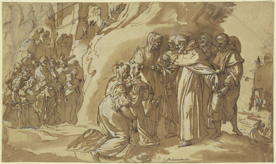 Eine Stadt, auf Felsen liegend, eine Menschenmenge kommt zu einem Mönch, der Brot an zwei Frauen aus a Cristoforo Roncalli