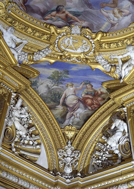 The 'Sala di Apollo' (Hall of Apollo) detail of pendentive depicting the muses Calliope and Melpomen a Pietro da Cortona,