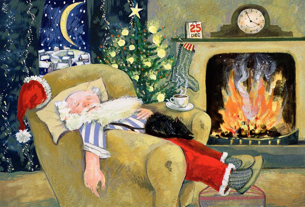 Santa sleeping by the fire, 1995  a David  Cooke