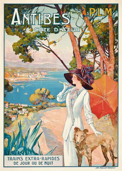Poster advertising travel to the Antibes, Cote d'Azur, with the French railway company P.L.M a David Dellepiane