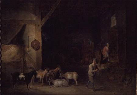 Barn with goats and a boy playing the recorder a David Teniers