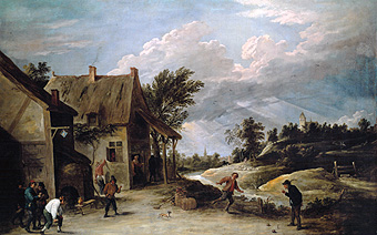 Ninepin game in front of the bars a David Teniers