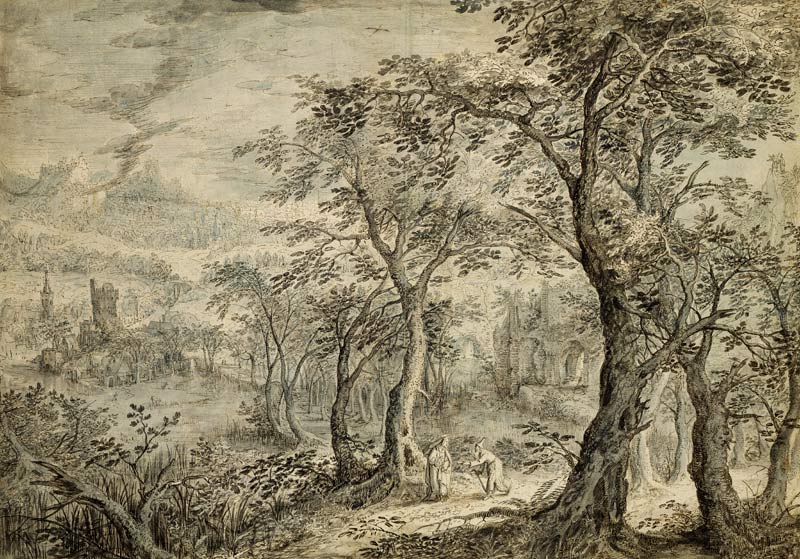 Wooded Landscape with the Temptation of Christ (pen and grey ink, brush and w/c on a David Vinckboons