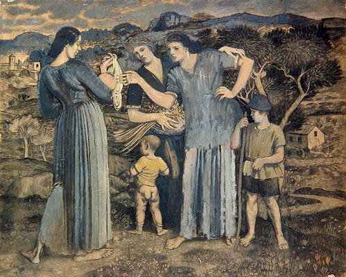 Mothers and Children in Landscape, 1914 (charcoal & oil on paper adhered to canvas) a Derwent Lees