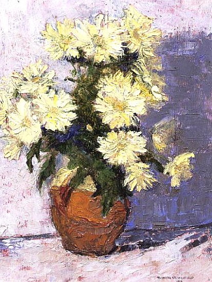 Small Chrysanthemums in a red jug, 1993 (board)  a Diana  Schofield