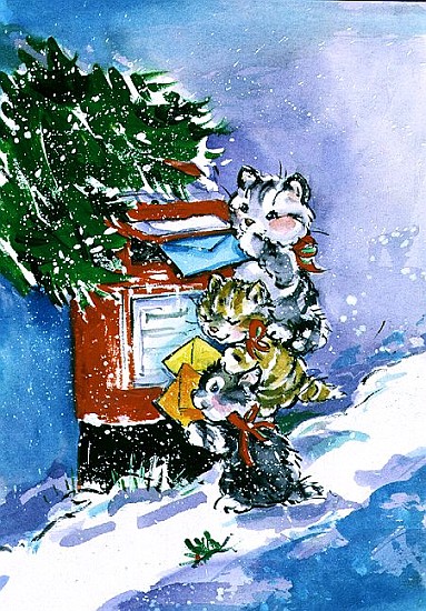 Kittens Posting Christmas Cards, 1996 (w/c)  a Diane  Matthes
