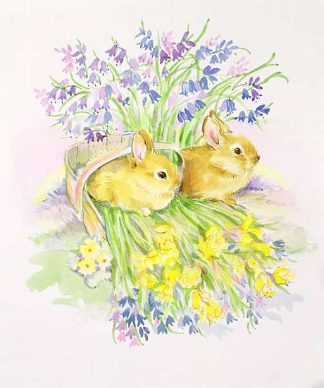 Rabbits in a basket with Daffodils and Bluebells  a Diane  Matthes