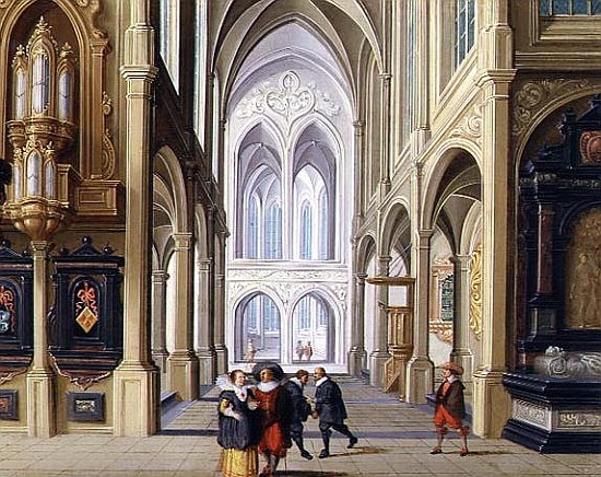 Elegant Figures in a Gothic Church, 17th century 99;interior; ecclesiatical; architecture; architect a Dirck van Deelen