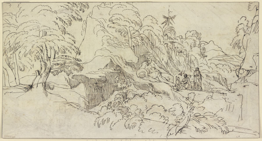 Landschaft mit einem kolossalen Flußgott, neben ihm drei kleine Figuren a Domenichino (alias Domenico Zampieri)